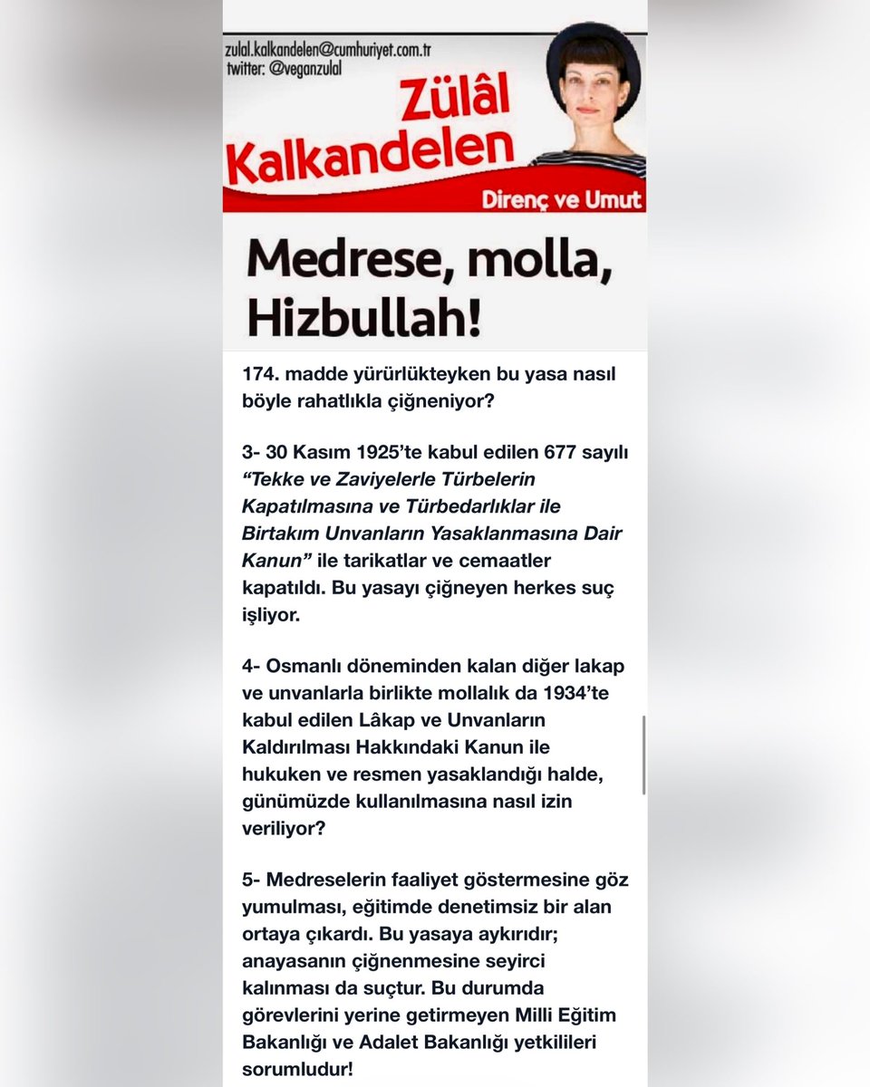 veganzulal's tweet photo. Bugünkü yazımda @adalet_bakanlik ile @tcmeb yetkililerine sorduğum sorular!

Anayasayı ve yasaları çiğneyenler bir gün mutlaka hesap verecek! #TarikatlarDağıtılsın #laiklik #eğitim #tevhiditedrisatkanunu https://t.co/n0toRYlR40