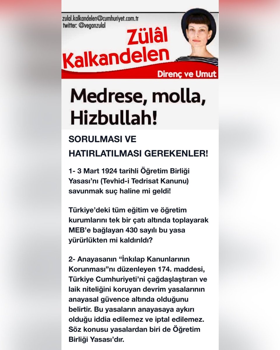 veganzulal's tweet photo. Bugünkü yazımda @adalet_bakanlik ile @tcmeb yetkililerine sorduğum sorular!

Anayasayı ve yasaları çiğneyenler bir gün mutlaka hesap verecek! #TarikatlarDağıtılsın #laiklik #eğitim #tevhiditedrisatkanunu https://t.co/n0toRYlR40