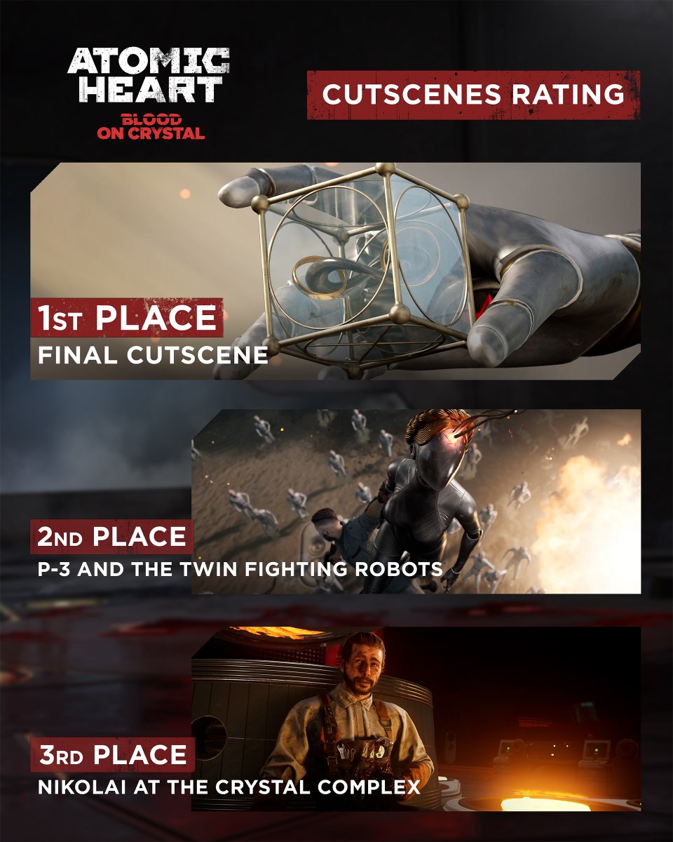 mundfish's tweet photo. Shocking reveals. Unforgettable moments.🎬
But which DLC#4 cutscenes stood out the most? Here's what players chose!⤵️
#AtomicHeart https://t.co/Fhhnvi5T2V