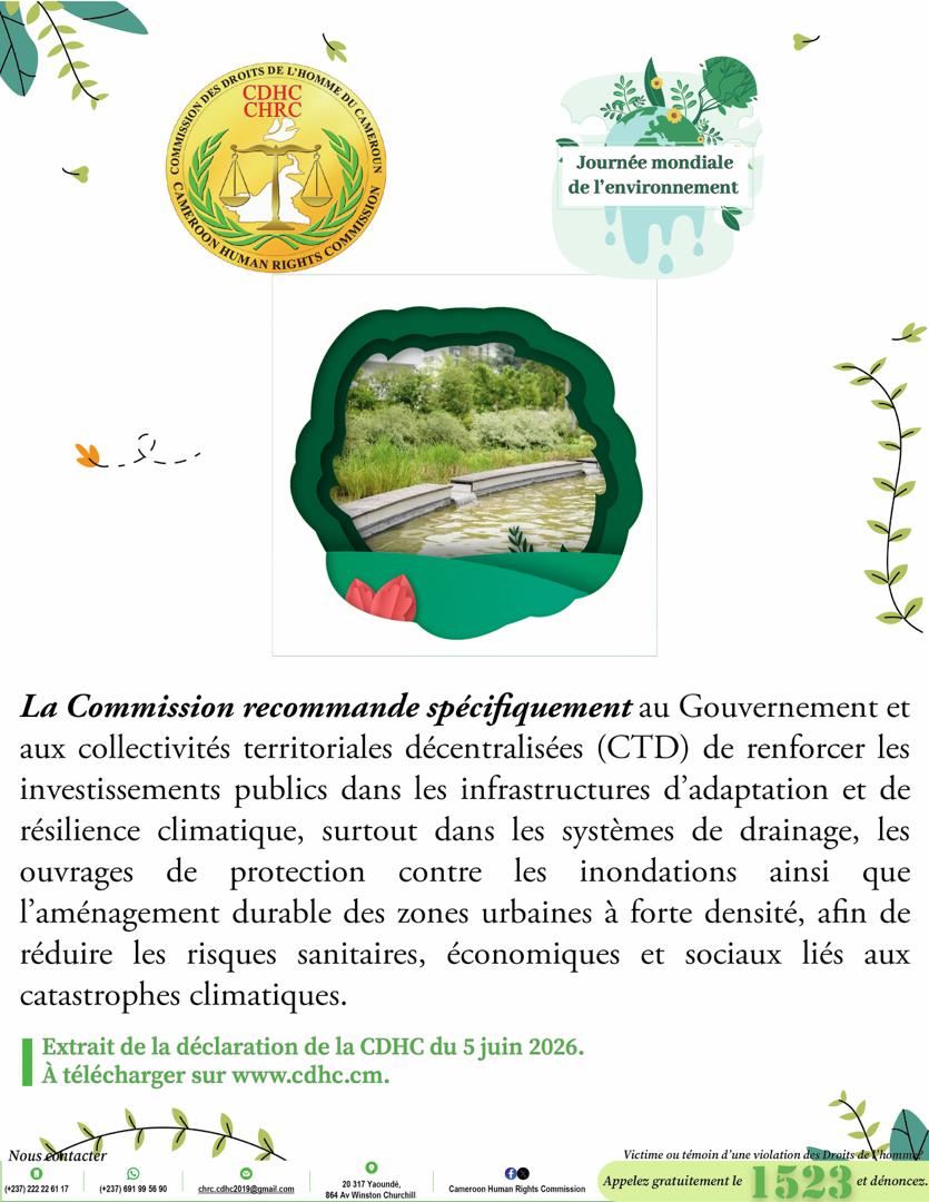 chrc_cdhc's tweet photo. Visuels de sensibilisation de la DÉCLARATION DE LA COMMISSION DES DROITS DE L’HOMME DU CAMEROUN À L’OCCASION DE LA 53E ÉDITION DE LA JOURNÉE MONDIALE DE L’ENVIRONNEMENT
         5 juin 2026

Thème.- Maintenant pour le Climat
#CHRC
#CDHC
#1523 https://t.co/nJ6QqoduNg