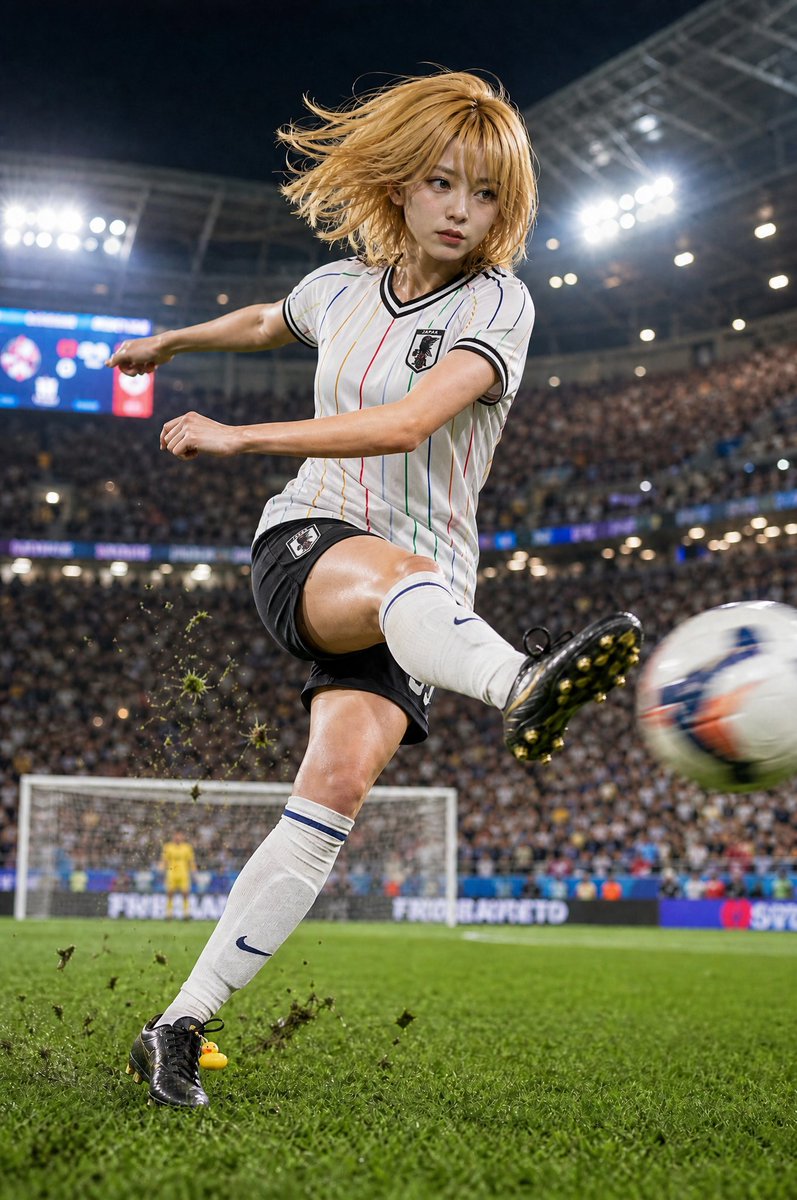 Blonde Soccer Player Night Stadium Kick