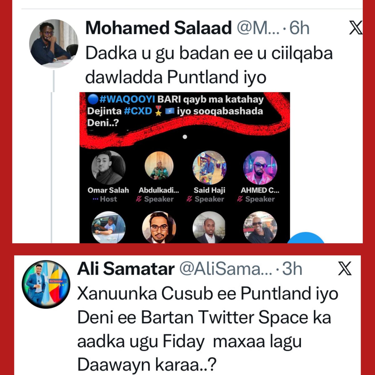 OmarSalah7b's tweet photo. Midna waa daan-weyne midna waa muxumud midkoona weligii
Agaasime kama noqon Putland
waxkaleba daaye kwrama kkkkk
iyaga iyo qabiiladooda oodhan aniga #Omara jifidaydaa kaga
magac,masab &Awood badan pl
waliba Anoo dowlad kale dhistay
Adeer M.Saleebaan iyo Dhulbhte ka dhexbaxa😂😂 https://t.co/Y2mkMXtvmp
