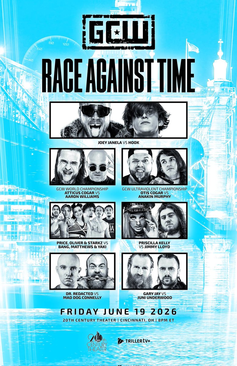 GCWrestling_'s tweet photo. TONITE 8PM

GCW goes LIVE from CINCINNATI for the first time for #GCWRace!

Feat:
Atticus vs Aaron Williams
Otis Cogar vs Anakin Murphy
Joey Janela vs Hook
Priscilla Kelly vs Jimmy
Bustah/Brain/Billie vs Bang &amp; Yaki
+more

Tix:
https://t.co/Rl63YmraZL

Watch LIVE on @Triller_TV+ https://t.co/JlgW0WGd9q