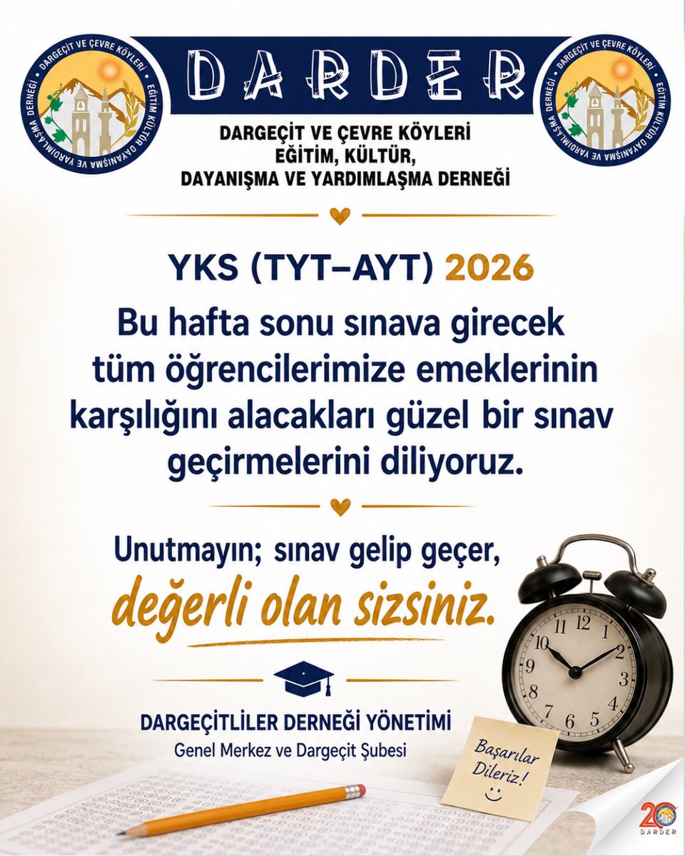 darder_47's tweet photo. YKS (TYT–AYT) 2026 Bu hafta sonu sınava girecek tüm öğrencilerimize başarılar diliyoruz. Unutmayın; sınav geçer, değerli olan sizsiniz.

#istanbul #yks2026 #dargeçit #kerboran #mardin https://t.co/iaZEPk7rhy