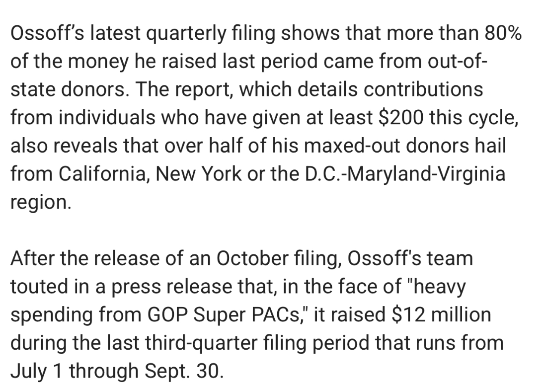 TeamOverhaulGA's tweet photo. 80% of Jon Ossoff's donors come from outside Georgia

20% of his donors come from California

50%+ of his maxed-out donors come from California, New York, and DC.

Ossoff votes with the far left because that's who fills his bank account. https://t.co/01GXAuRkHH