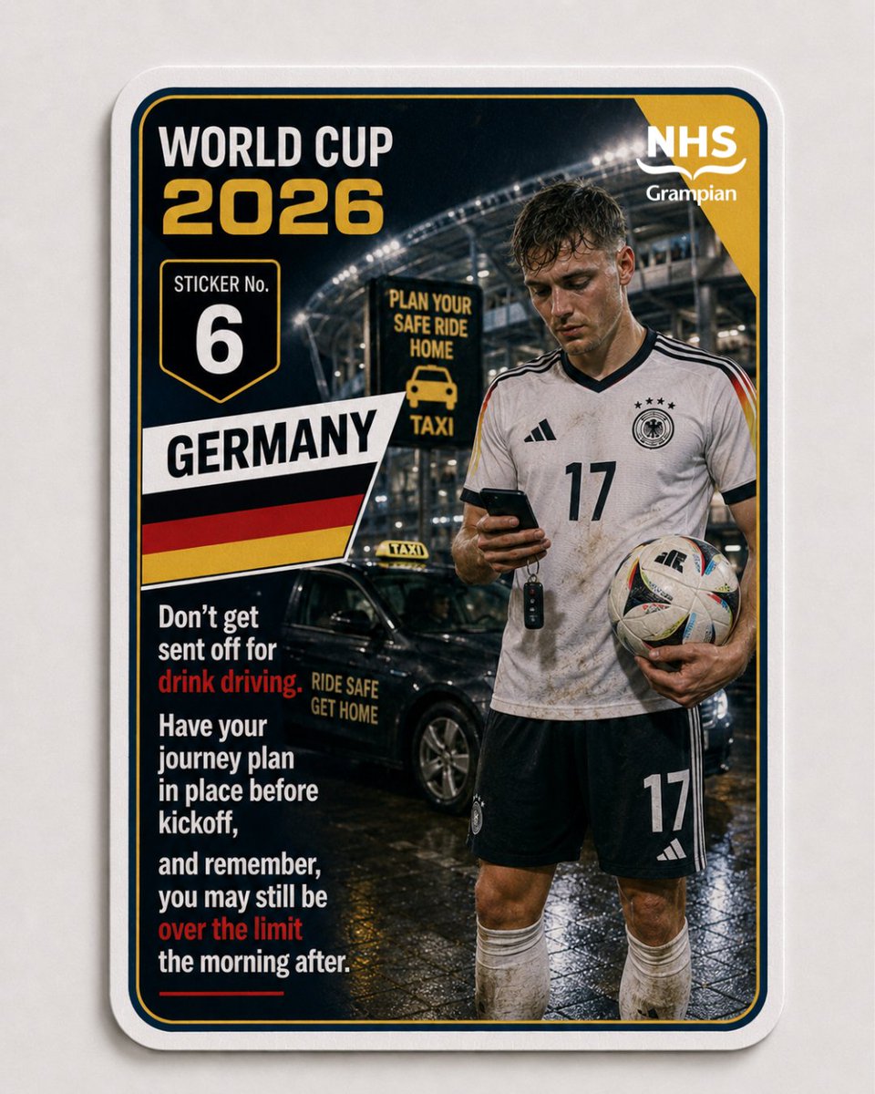 NHSGrampian's tweet photo. โฝ Sticker 6/12 โฝ
๐ฅ Donโt get sent off for drink driving
๐บ Drinking? Plan your way home before kick-off
๐ Donโt drive after drinking
๐ซ Never get in a car with someone who has
๐ Alcohol can still affect you the next day
#StayMatchFit #WorldCup #TeamGrampian #ProudToBeNHSG https://t.co/rP32KNqmRX