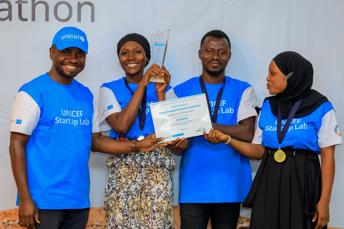 UNICEFStartups's tweet photo. 🎉 Huge congratulations to Latrine Doctors, overall winners of the @UNICEFStartups Safely Managed Sanitation Hackathon 2026!

Their solar-powered smart latrine handles sanitation from collection to treatment, operating effectively during floods and droughts. https://t.co/lsdHOqVfz8