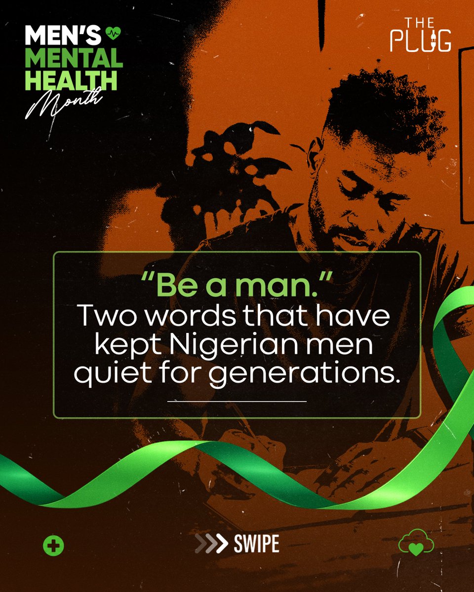 plugglobalX's tweet photo. “Be a man.” Two words that taught a generation of Nigerian men to swallow it and smile.

Provide. Protect. Never crack. We hand boys that script so early they grow into men who don’t know how to say “I’m not okay.” 

Swipe through, it’s time we rewrote it.

At Plug, we don’t just build stars. We protect the people behind them. If today feels heavy, talk to someone. MANI line is confidential and open 24/7. Send it to someone who needs it.

#MensMentalHealthMonth #RedefineStrength #PlugGlobal #MentalHealthNG
