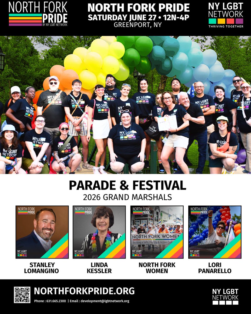 NYLGBTNetwork's tweet photo. In just one week, thousands will gather in Greenport for the 2026 North Fork Pride Parade &amp; Festival! Join us on Saturday, June 27 from 12PM–4PM for an unforgettable day of Pride, community, visibility, and celebration. 🏳️‍🌈 🔗: https://t.co/0EbrBCDwwW https://t.co/livGsfeMdd