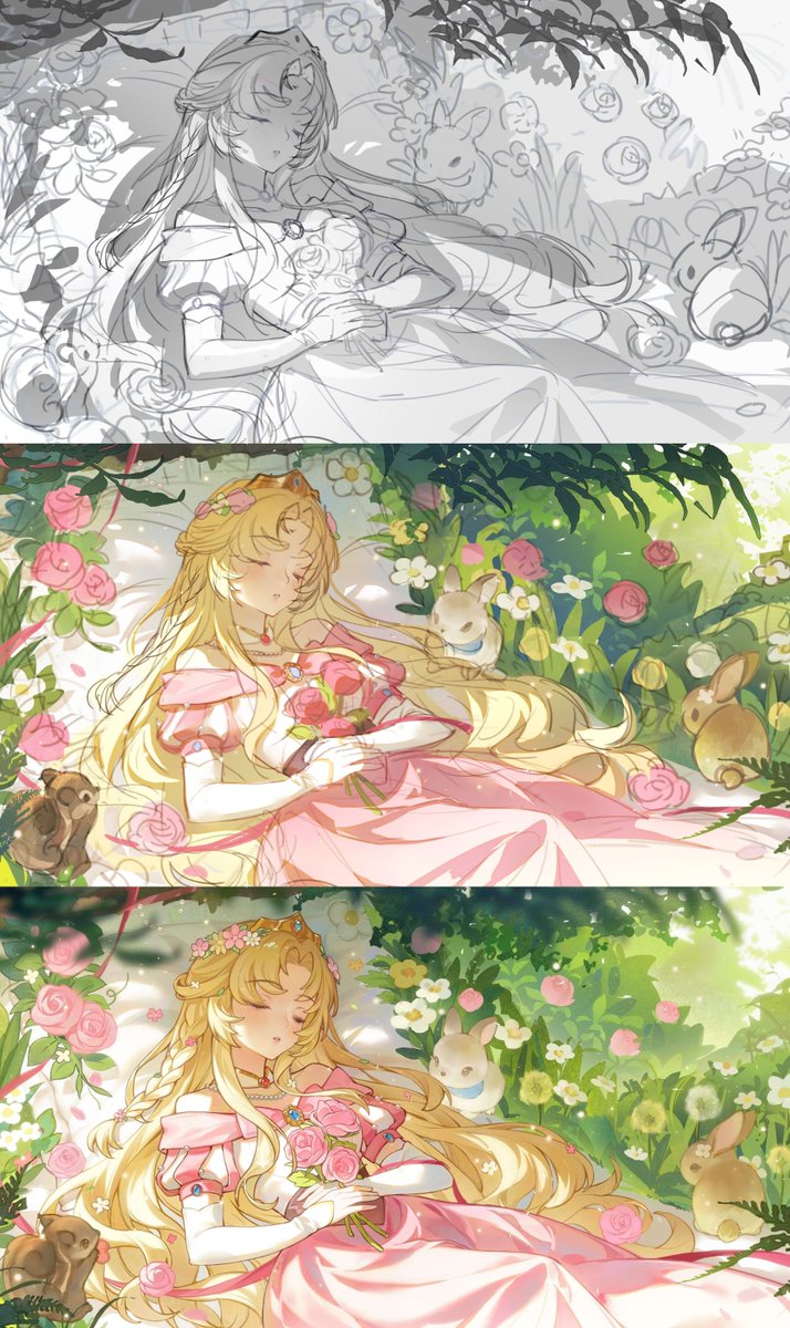 PomeloArtStudio's tweet photo. In my work 'Sleeping Beauty,' some parts of the dress got merged during the drawing process, so they were labeled as AI-generated. This caused my account to be banned. I can only redraw the whole thing from scratch, and I’ve kept the full video record.@_VGen_ @_muncha_ https://t.co/DC5d0Juj36