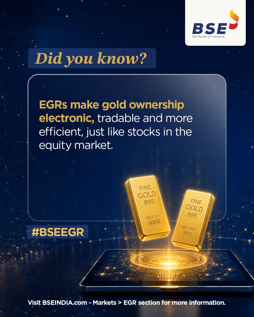 BSEIndia's tweet photo. Investment in gold through BSE EGR can be made through your demat account, just like investing in stocks in the equity market.

#BSEEGR #ElectronicGoldReceipts #DigitalGold #GoldInvesting #BSEIndia https://t.co/MFyOEgHOYb