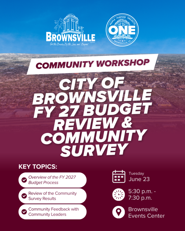 BTxRGV's tweet photo. Let’s talk about what matters most to you! Join the Brownsville City Commission and City Manager for a conversation about the City’s proposed Fiscal Year 2027 Budget and the latest Community Survey results.

Register here: https://t.co/nvBh3zIqLv 

#BrownsvilleTX #BudgetWorkshop https://t.co/D0V4KJEDEj