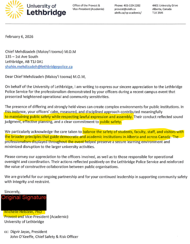 FrancesWiddows1's tweet photo. Here's @ULethbridge saying how "lawful expression and assembly" occurred on February 4. As the mountains of footage show, this is COMPLETELY UNTRUE.  How can this university get away with such deception, @ABDanielleSmith and @McDougallYYC? https://t.co/ucBIeB5wdn