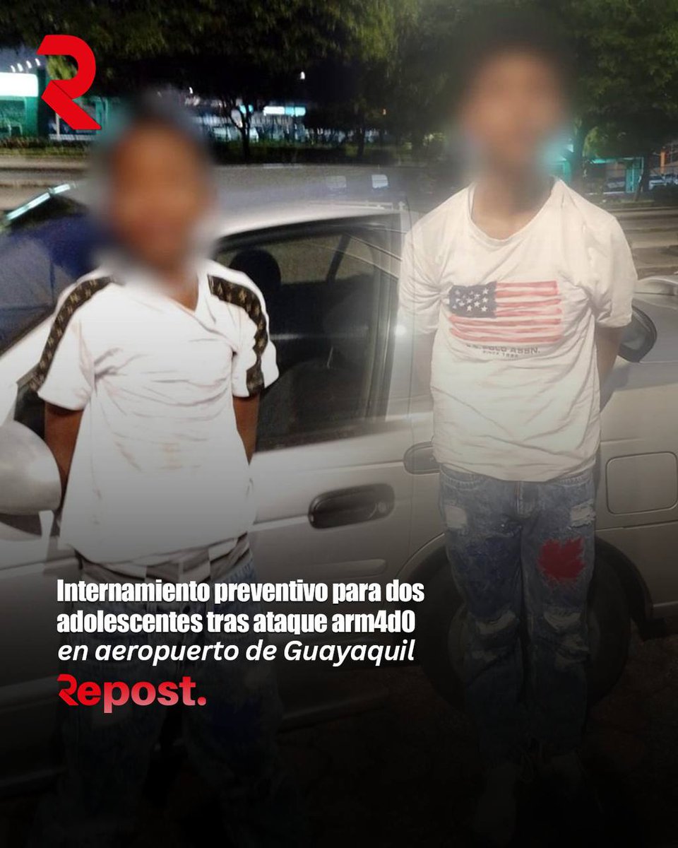 repost_ec's tweet photo. #Repost Internamiento preventivo para dos adolescentes tras ataque arm4d0 en aeropuerto de Guayaquil

Un juez de Guayas dispuso el internamiento preventivo para dos adolescentes de 14 y 15 años, detenidos tras su presunta participación en el ataque arm4d0 registrado en el aeropuerto José Joaquín de Olmedo de Guayaquil.

La medida fue dictada durante la audiencia de formulación de cargos, mientras la Fiscalía avanza con las investigaciones para determinar responsabilidades y posibles vínculos con estructuras d3lictiv4s.

Las autoridades continúan con la recopilación de indicios y diligencias para esclarecer el hecho, que generó conmoción en la ciudad y el país.

#Guayaquil #Seguridad #Justicia #Ecuador