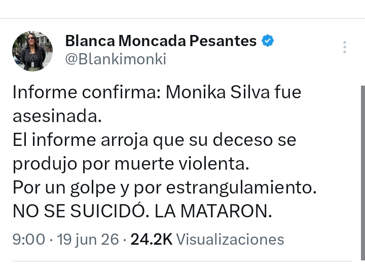 FunerariaAlach's tweet photo. El informe de la autopsia confirma que Monika Silva fue ASESINADA. Lamentablemente ella fue golpeada y estrangulada.

Nunca olviden al MISERABLE de @JohnReimberg que salió a decir que ella se había suicidado, y tampoco olviden a los pasquines del Gobierno como Radio Centro, La Posta, Altavoz, La Data y varios más, que para quitarle la responsabilidad al Gobierno por no haberle brindado protección a Monika quisieron instalar esa narrativa.