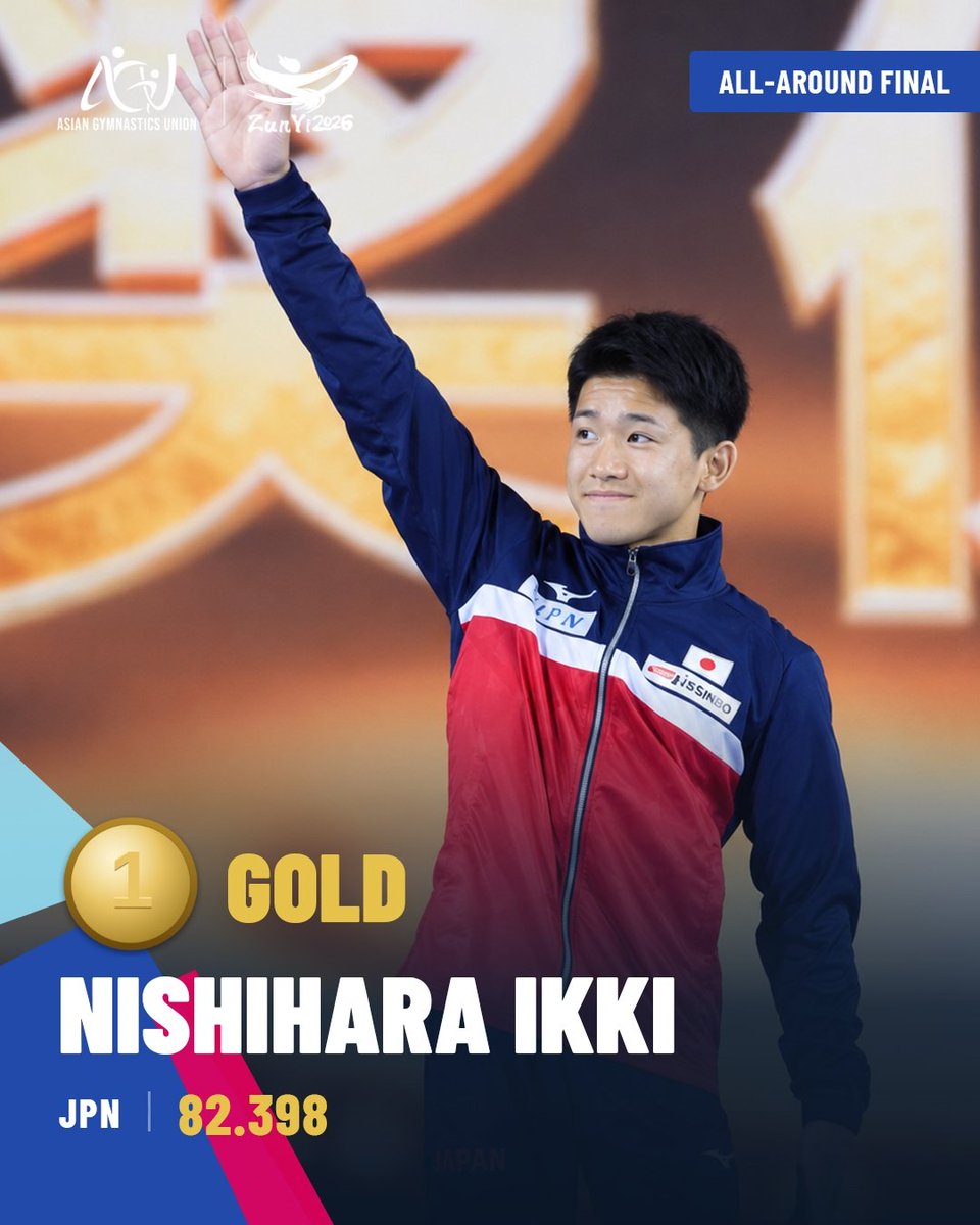 officialAGU's tweet photo. 🥇 Nishihara Ikki 🇯🇵
🥇 Junior Men's All-Around Gold Medalist
Gold for Japan! A remarkable performance secured the top spot with a total score of 82.398⭐ 

#Zunyi2026 #ArtisticGymnastics #AsianChampionships #AsianGymnastics #AGU https://t.co/RsZD85hpvO