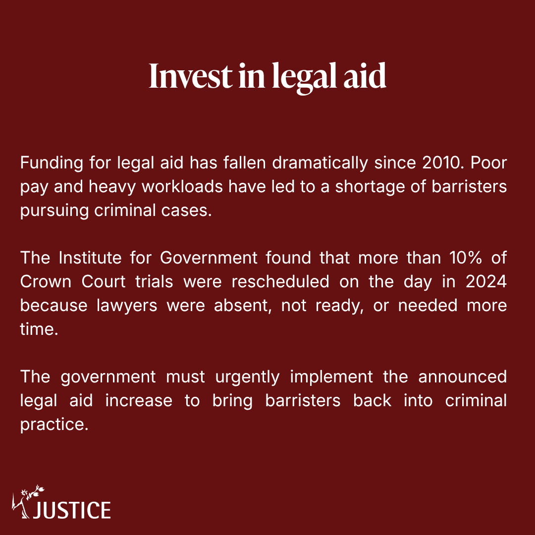 JUSTICEhq's tweet photo. The crown court backlog remains at an unacceptable 80,000 cases, with victims and defendants often waiting years for justice.

Here are three proven methods of reducing delays that the government should focus on instead of its ineffective plans to scrap jury trials. https://t.co/2XjCPEyGLb