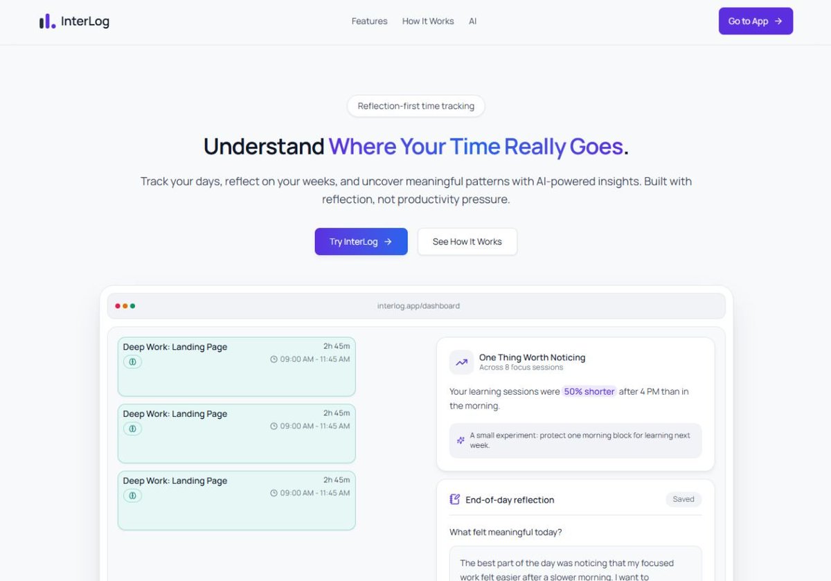 sirinadasuh's tweet photo. Have you ever wondered where your time actually goes each day?

For my @devanddesignhq bootcamp capstone project, I built InterLog.

A reflection-first time tracker that helps you log activities, reflect on your days, discover patterns, and get AI-powered insights. https://t.co/A3nxxuZfAU