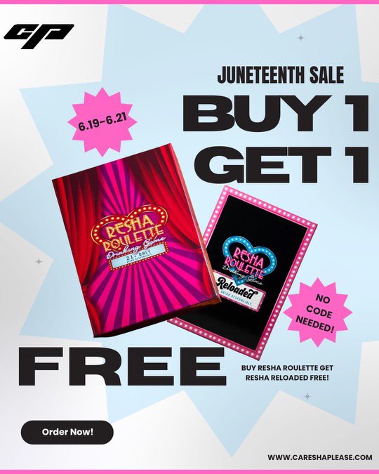CareshaPlease's tweet photo. You don’t gotta boost just BUY ONE!!!🤑 Order 1 Game and get the other FOR FREE!!!😝 Let’s celebrate #Juneteeth together with The #1 Drinking Game!😮‍💨 NO CODE NEEDED. Checkout at https://t.co/3q7SMwNt3v! #ReshaRoulette #ReshaRouletteRELOADED https://t.co/UVYCxNqIR5