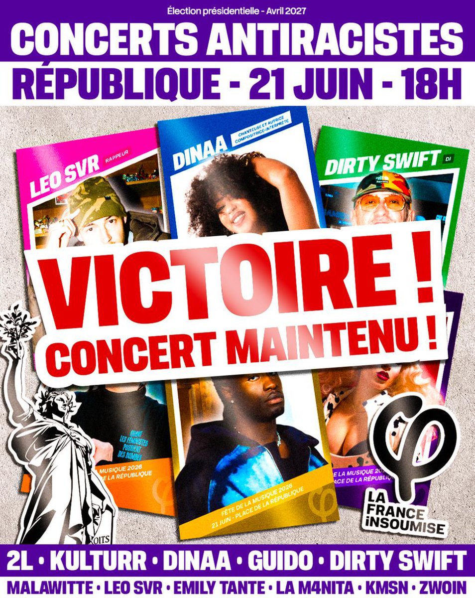 AssounSimon's tweet photo. Du coup, puisque le TA a suspendu l'arrêté d'interdiction du concert, rendez-vous dimanche, place de la République, pour un grand concert sous les couleurs de l'antiracisme et de la rupture 🐢✌️ https://t.co/pcqD43Hwxj