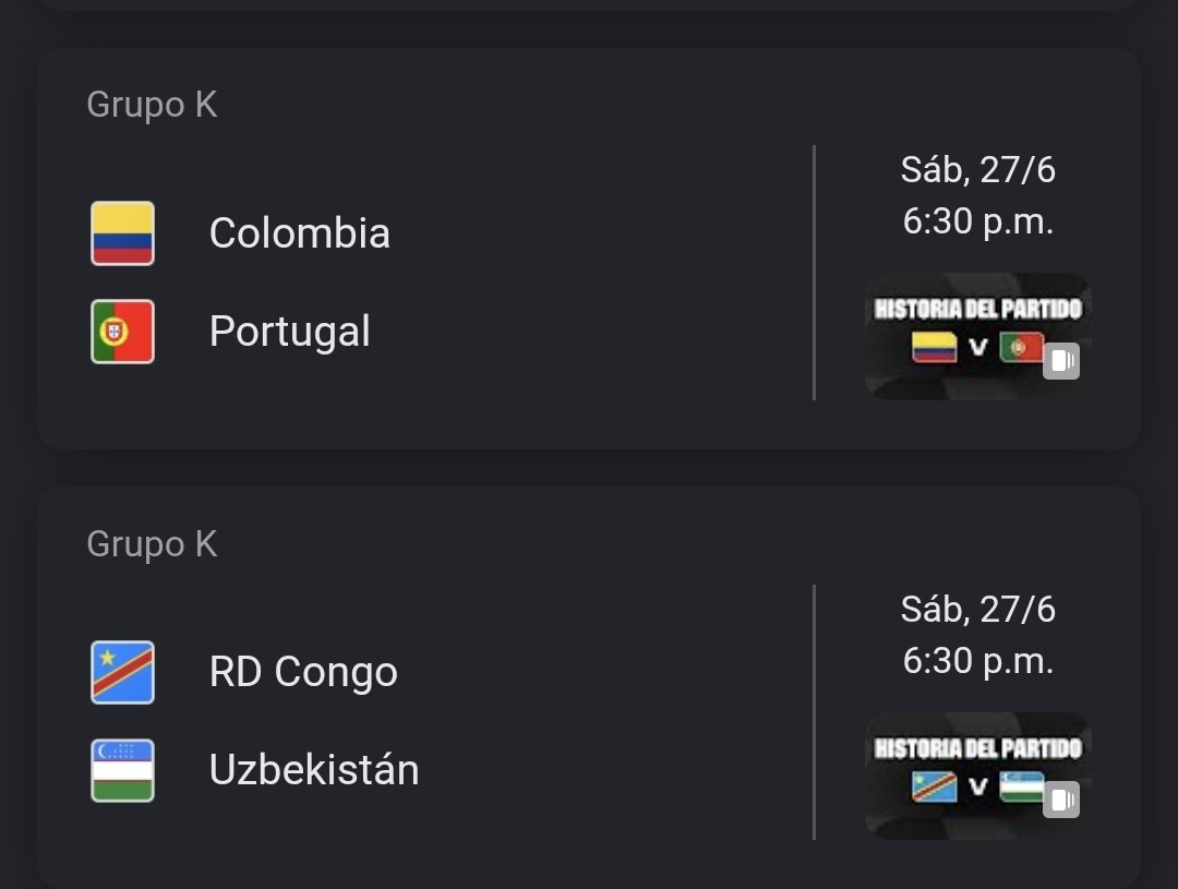 MaciaSinS's tweet photo. @FUTEMENTALES Colombia vs. Portugal y RD Congo vs. Uzbekistán también se jugarán en 'horario roto' del sábado 27 de junio. https://t.co/zPENLqcOzq