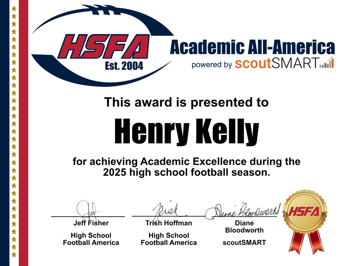 HSFBamerica's tweet photo. Congratulations to Henry Kelly of Mamaroneck (New York) on being a 2025 High School Football America Academic All-American, powered by @scoutSMART_ #ThisIsHSFootball #playfootball https://t.co/GKUlnFO0io