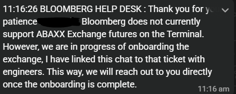 thewatsonview's tweet photo. Looks like @PKsNYC has a friend with a terminal who confirmed that Bloomberg is onboarding $ABXX.TO!! 

Screenshot from WhatsApp but text copy and pasted from terminal.

Abaxx will soon have their data on all of the major financial platforms. https://t.co/8I1RXoauvz
