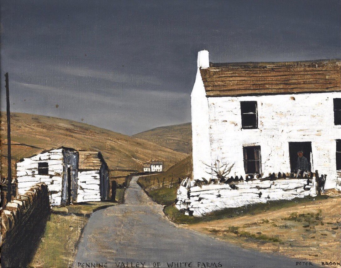 PennineThe's tweet photo. ‘Pennine Valley of White Farms’ reveals Peter Brook’s assured use of light, its dark brooding sky contrasting with the sunlit buildings in the foreground. Easy to miss is the shadowy figure in the doorway accompanied by a curious collie. (Sold by Lawrence’s Auctioneers in 2022) https://t.co/F24aqYVeLz