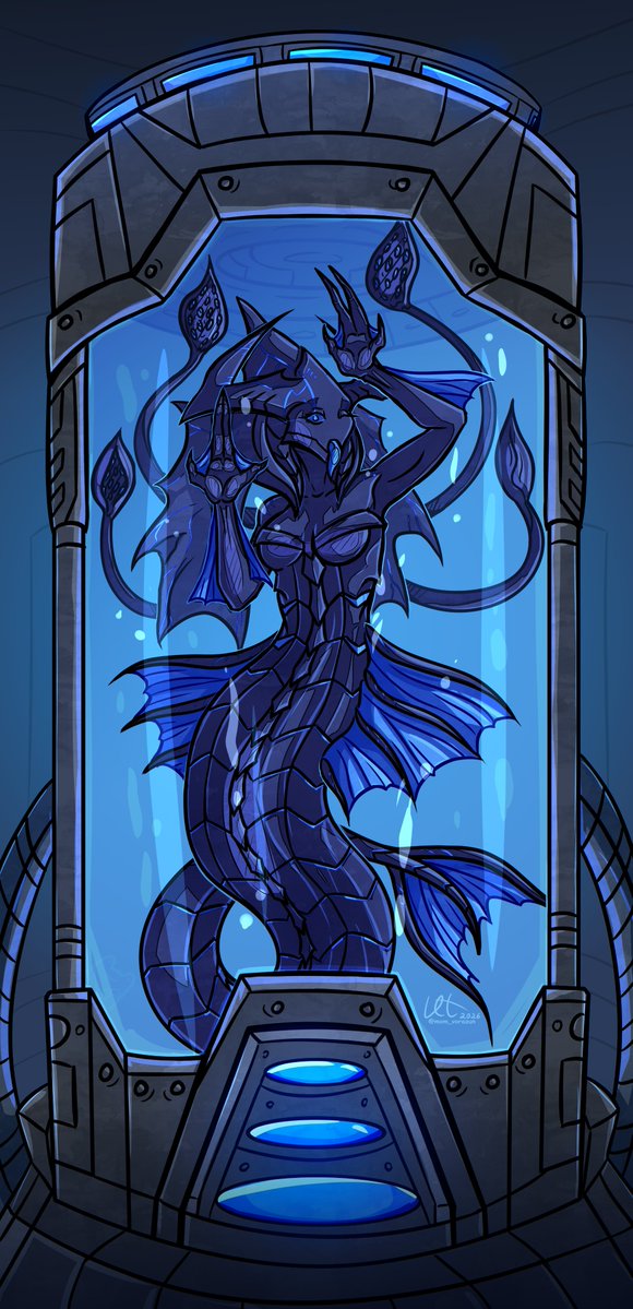 mom_vorazun's tweet photo. Experiments to breed the perfect hybrids are becoming more complex. This specimen of the perfect ferocious predator, a living weapon of the deep sea... is trying to escape from its lab tube by licking the glass.
#starcraft #hybrid #mermay #protoss #zerg #sc2 #oc https://t.co/XugdHyeo1H