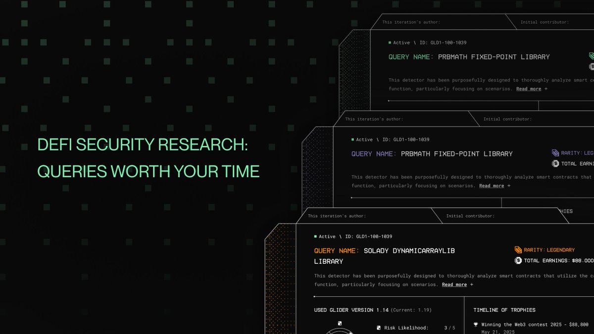 glider_xyz's tweet photo. If you're doing security research on DeFi protocols, these queries are worth running.

1.Solady's DynamicArrayLib

Assembly-level dynamic array operations that bypass Solidity's built-in safety checks. Worth examining how each integration handles bounds and memory.

https://t.co/s7fzeSjGQs

2.PRBMath

Fixed-point arithmetic where rounding behavior compounds across integrations. Precision edge cases under extreme values are worth tracing per protocol.

https://t.co/Z7fwBSV0ij

3.UniswapV3 TickMath

Tick-to-price conversion math where the direction of rounding has real consequences. Protocols that inherit this without auditing the assumptions may carry unexpected behavior.

https://t.co/lq102qCKBz

Each query surfaces every mainnet contract using that library.