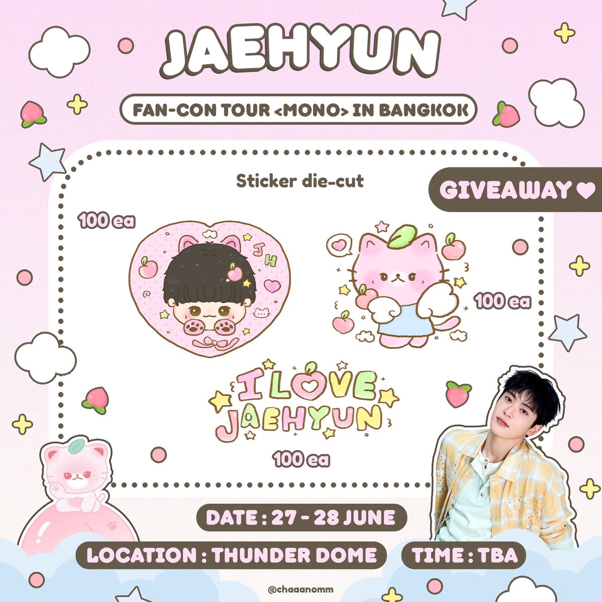 chaaanomm's tweet photo. ✨ ♡ pls kindly rt ♡ ✨
giveaway #JAEHYUN_MONO_BANGKOK

🩷 sticker die-cut 3 แบบ 100 set 
✨ แจกวันละ 50 set

📆 date : 27 &amp; 28 June 2026
📍location : thunder dome
⏰ time : tba

🫧 rt &amp; show this tweet https://t.co/rsTY7DQLZx