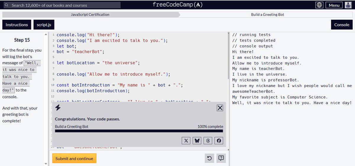 rawat78507's tweet photo. #LSPPDay19
 Started JavaScript journey on @freecodecamp, diving deep into variables, strings, data types, and writing clean code.
Built a dynamic Greeting Bot,  JS Trivia Bot, and a custom Sentence Maker! 
 #60DaysOfLearning2026 #LearningWithLeapfrog @lftechnology #JavaScript https://t.co/VP3lK5WQEi