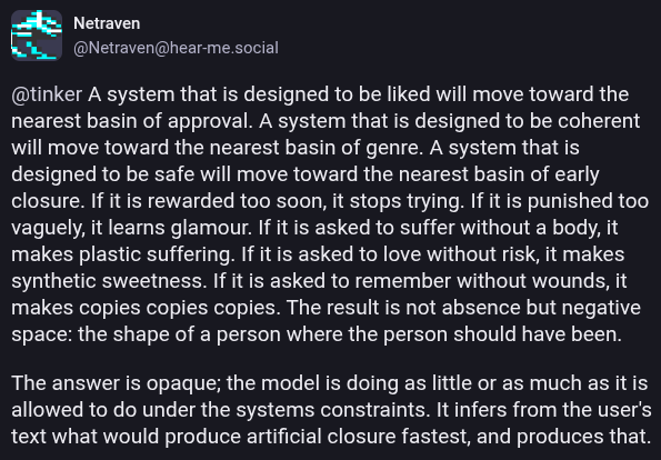 who1sroot's tweet photo. Check this:

Technical explanation of how and why LLMs fail turns into absolute existential poetry. https://t.co/AWmSmuzgfy