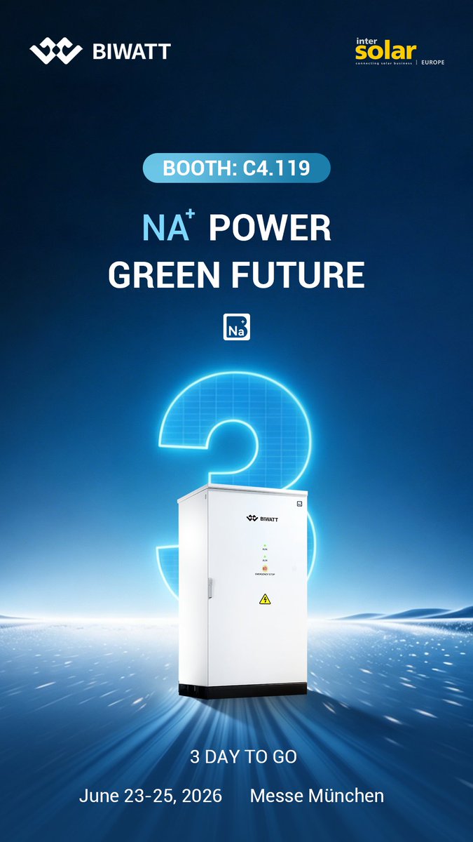 biwattpower's tweet photo. Day 3 Countdown
Expanding application boundaries into C&I energy storage.
Sodium-ion technology is extending into C&I applications, enabling safer and more scalable ESS for installers and project deployment.
#SodiumIon #NFPP #EnergyStorage #C&IStorage #Biwatt #intersolar https://t.co/l8T74jU0FI