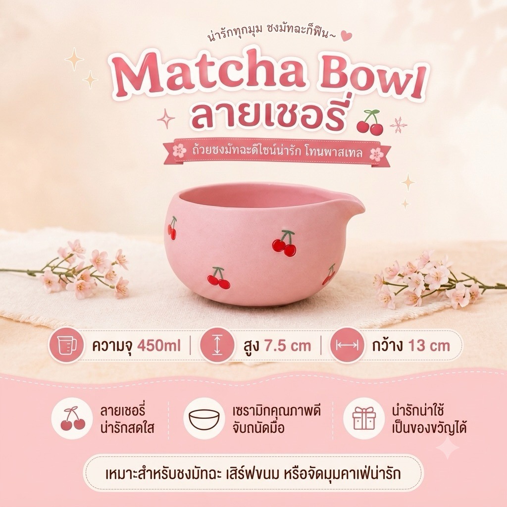 reviewtodayyay's tweet photo. ถ้วยมัทฉะลายเชอรี่คือน่ารักทั้งสีชมพูกับสีขาวเลย🥹
ใบใหญ่ ตี Cold Whisk ได้ด้วยย