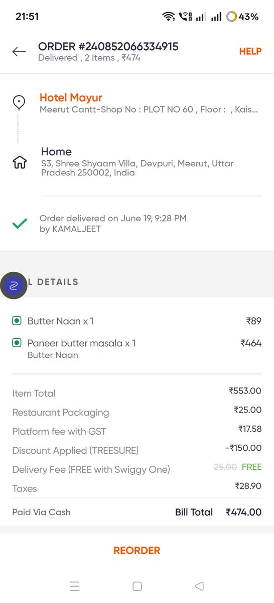 Hindu_Economics's tweet photo. @Swiggy check the rates and order items. 

I ordered it for 2 people and they got 1 naan. we ordered 1 more naan from hotel offline. Ruined our experience https://t.co/aHaYDWGYe7