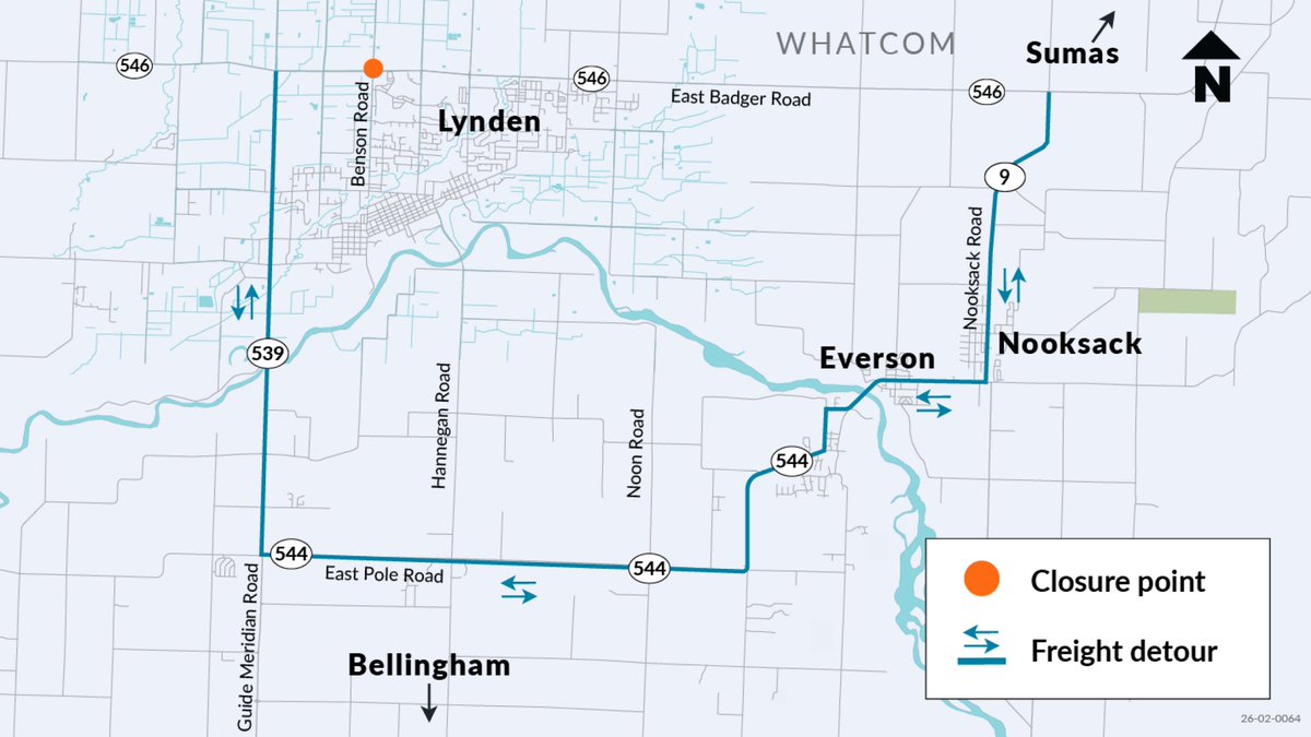 Map of Whatcom County shows closure of SR 546-Benson Road intersection in orange in Lynden. Freight detour is shown in blue with arrows using SR 539, SR 544 and SR 9.