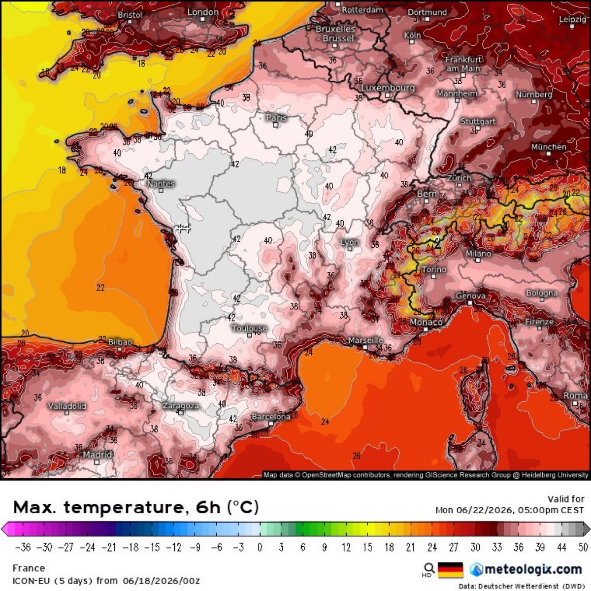 CerfiaFR's tweet photo. 🚨🇫🇷🥵 FLASH | La France pourrait connaître lundi et mardi ses journées les plus chaudes jamais enregistrées. Les 40°C devraient être dépassés sur une grande partie du pays. https://t.co/ejBDc3uww4