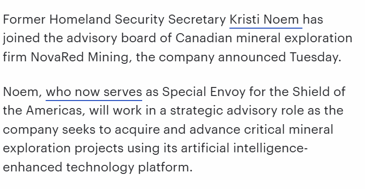 IShunthoo's tweet photo. KRISTI NOEM MAY BE THE BIGGEST REASON I'M STILL BULLISH ON $NRED

When I first saw the announcement, I thought it was just another advisory board addition. Then I looked closer.

Kristi Noem spent 8 years in Congress, served 6 years as Governor of South Dakota, became the state's first female Governor, and later led the U.S. Department of Homeland Security, one of the largest federal agencies in America.

Now she joins NovaRed Mining Inc., a company with 16,078 hectares (39,726 acres), 3 drill-ready targets, a 70% earn-in opportunity, and 2.7M+ MetalCore records.

That's not a typical junior mining appointment.

Price targets: C$1.95 - C$2.21 - C$2.50+

Always do your own research before making any moves.

https://t.co/MhM3cbNe5X

$ADTX $SNDK $MEHA