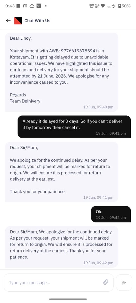 Linoymv's tweet photo. Disgusted with @Superbottoms  &amp; @delhivery . Order SB1361184 (baby essentials) sat at Kottayam hub for 3 days. When asked for delivery tomorrow, Delhivery support lazily marked it 'Return to Origin' instead of resolving it!

Intercept this at the hub tomorrow or refund me now. https://t.co/dkr7wQa463