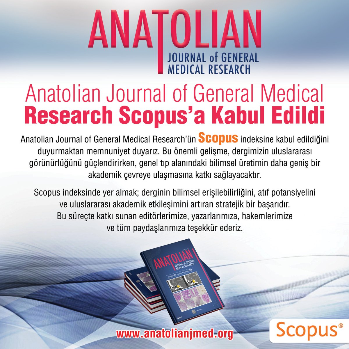 tepecikeahast's tweet photo. Hastanemizin bilimsel yayın organı Anatolian Journal of General Medical Research, uluslararası akademik dünyada gücünü artırıyor!
​Dergimiz; Scopus başta olmak üzere, TR Dizin, Türk Medline, EBSCO, GALE ve İdealOnline gibi saygın indekslerde yer almaktadır. https://t.co/GPP4dXQBhH