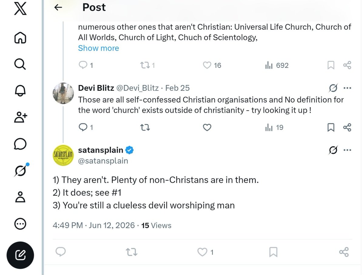 Devi_Blitz's tweet photo. Ha Ha only way he gets the last word; ie. BLOCKING !!

But in reply to his face-saving nonsense: 

'Church' definition #1 [Oxford England dictionary]: a building where CHRISTIANS go to worship 

... OWNED

#satansplain #ChurchofSatan https://t.co/VMcx77ibYo