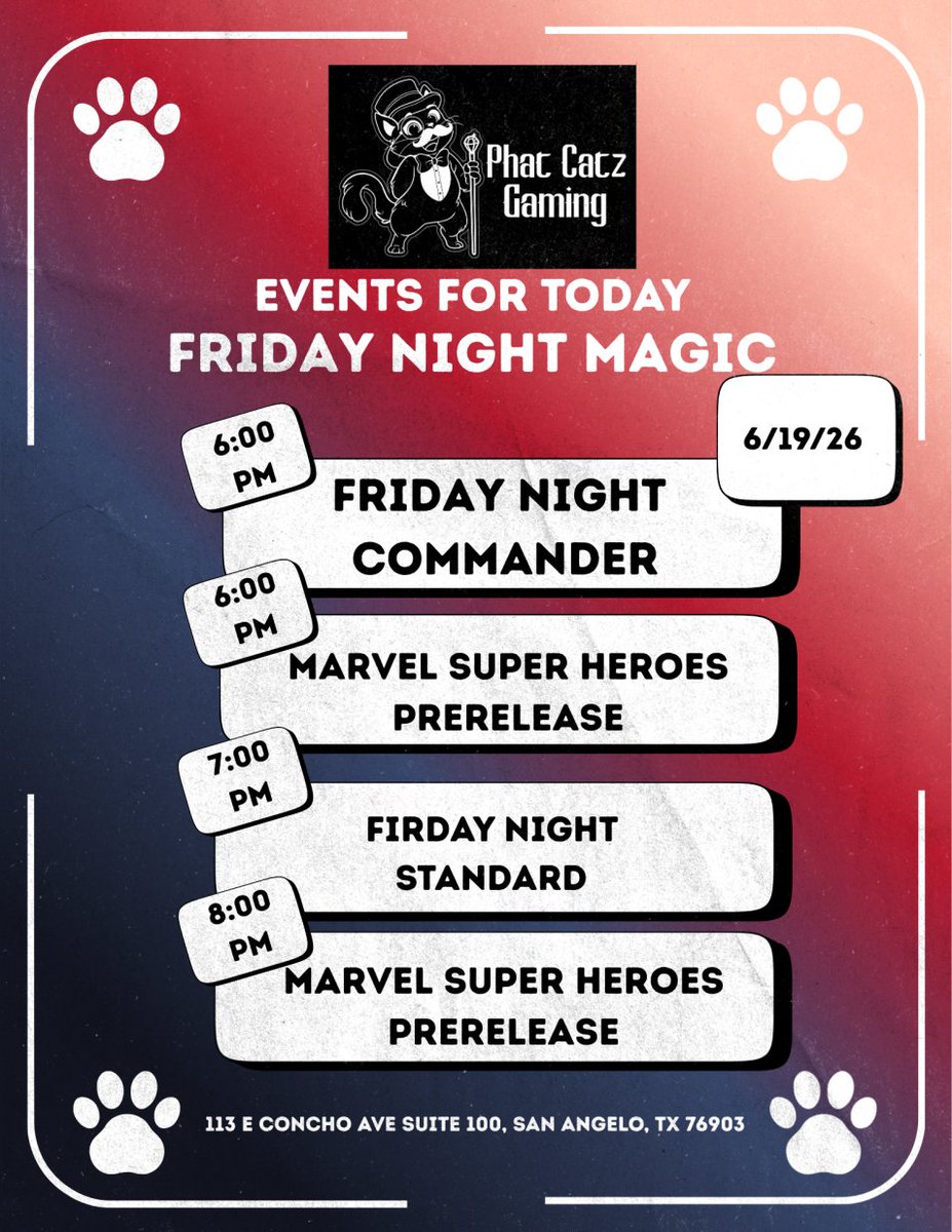 PhatCatzGaming's tweet photo. TONIGHT'S THE NIGHT, FOLKS!
The wait is finally over! Join us tonight for the Magic: The Gathering Marvel Super Heroes Prerelease!
#PhatCatzGaming #MTG #MagicTheGathering #MarvelSuperHeroes #MTGMarvel #Prerelease #Commander #Marvel #LocalGameStore #TCG #WizardsOfTheCoastg https://t.co/UwIFipdim9