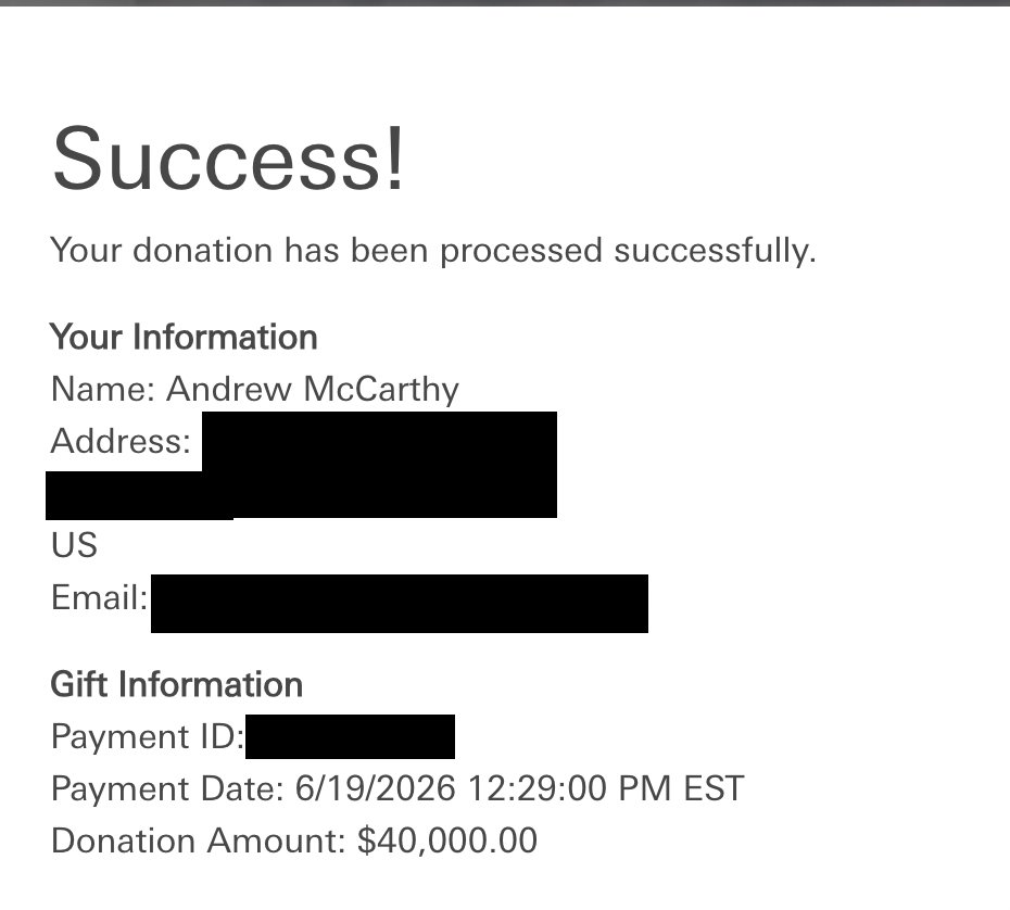 AJamesMcCarthy's tweet photo. Total profits were $38,339.13. I rounded up to an even $40k so I'd have some skin in the game. 

Just made that donation on the @UTMDAnderson website for cancer research, here's the receipt as promised. Thank you so much for your support in helping this cause! https://t.co/82qKAFnRRD