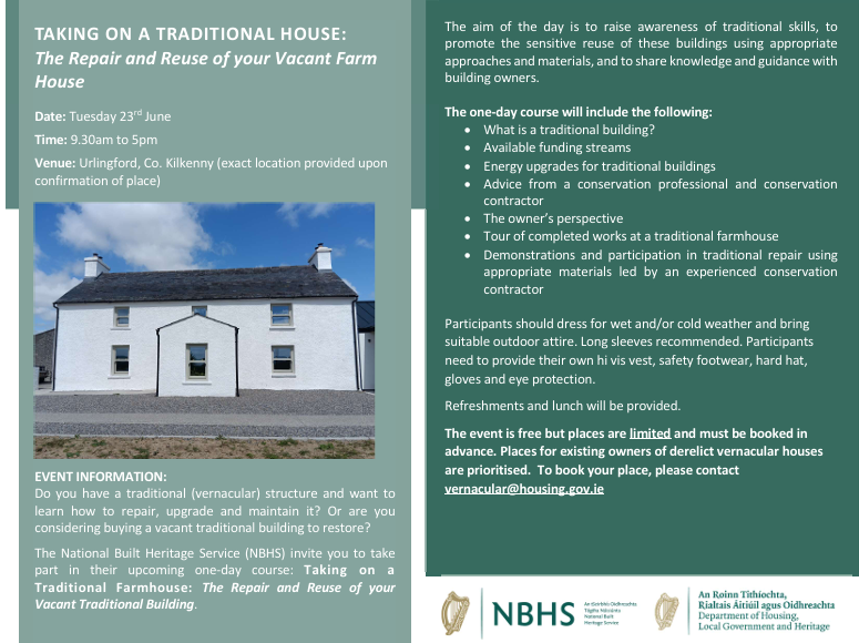 DeptHousingIRL's tweet photo. 🏠A small number of places are still available for an upcoming @NBHS_Ireland ‘Taking on a Traditional Farmhouse’ event near Urlingford, Kilkenny on Tuesday, June 23rd. 

Places must be booked in advance via vernacular@housing.gov.ie https://t.co/ykyQYf0dtT