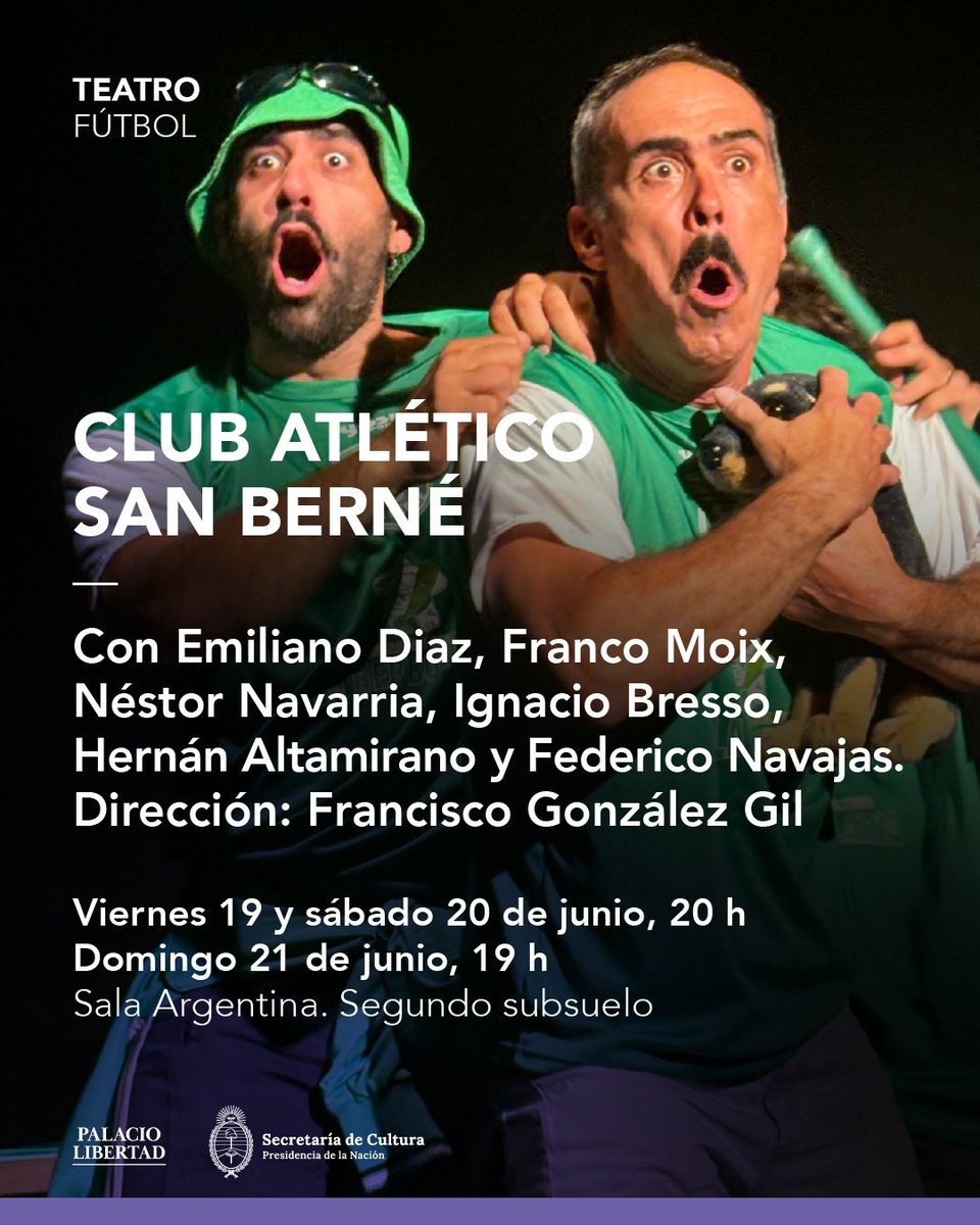 silvapablom's tweet photo. Teatro y fútbol en el Palacio Libertad!! Llega Club Atlético San Berne, de Francisco González Gil.
Entradas gratuitas 
@libertadpalacio 
Sarmiento 151 Buenos Aires
https://t.co/Dp8ZGlfaIu https://t.co/mW5LyIaFdQ