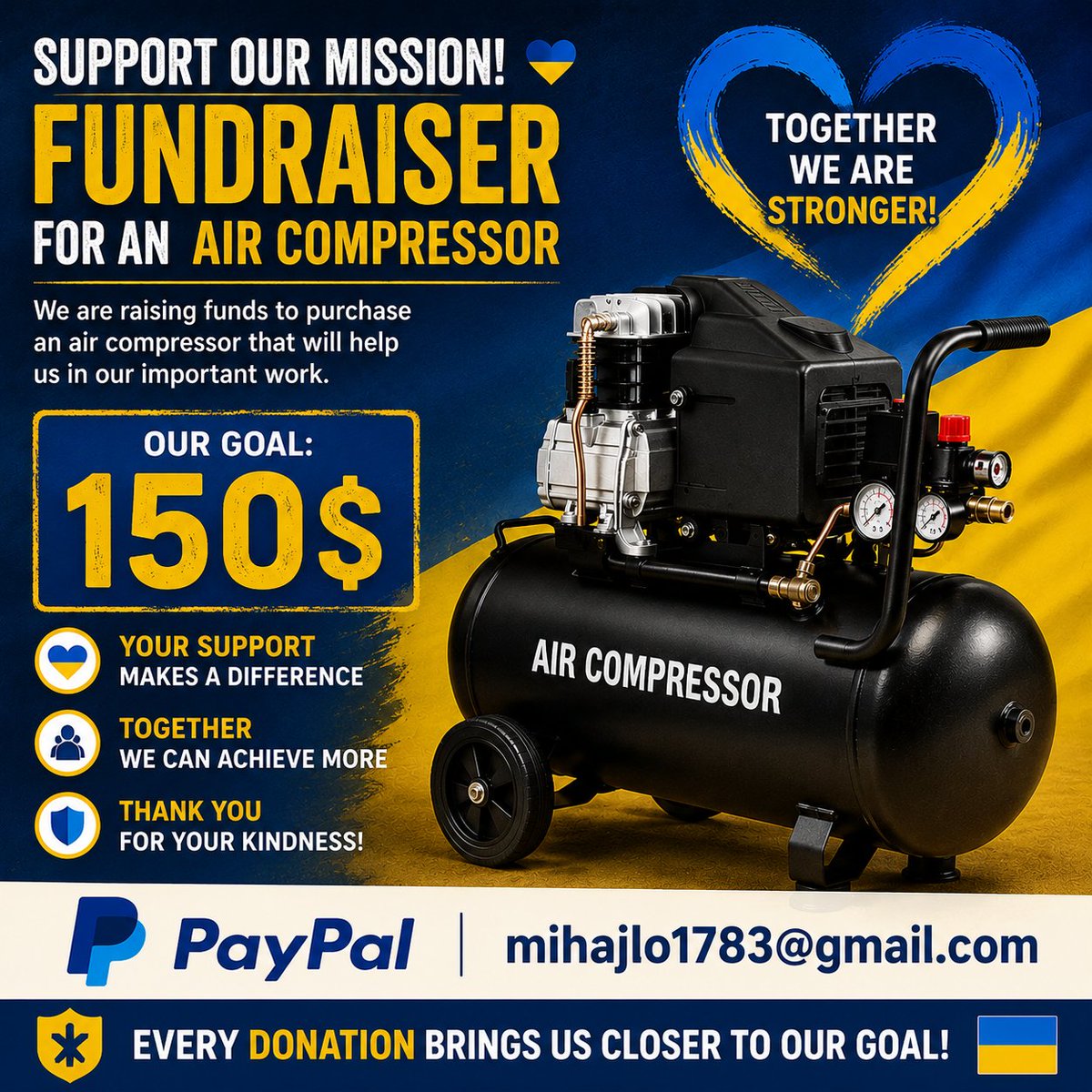 bimba1783's tweet photo. Five Dollar Friday! No changes yet — we have $65 of the $150 needed for the air compressor. But we believe in the power of Five Dollar Friday! Your $5, like, or share can be the push that helps us complete this fundraiser 💙💛
PayPal: mihajlo1783@gmail.com https://t.co/KfJHmm65F1