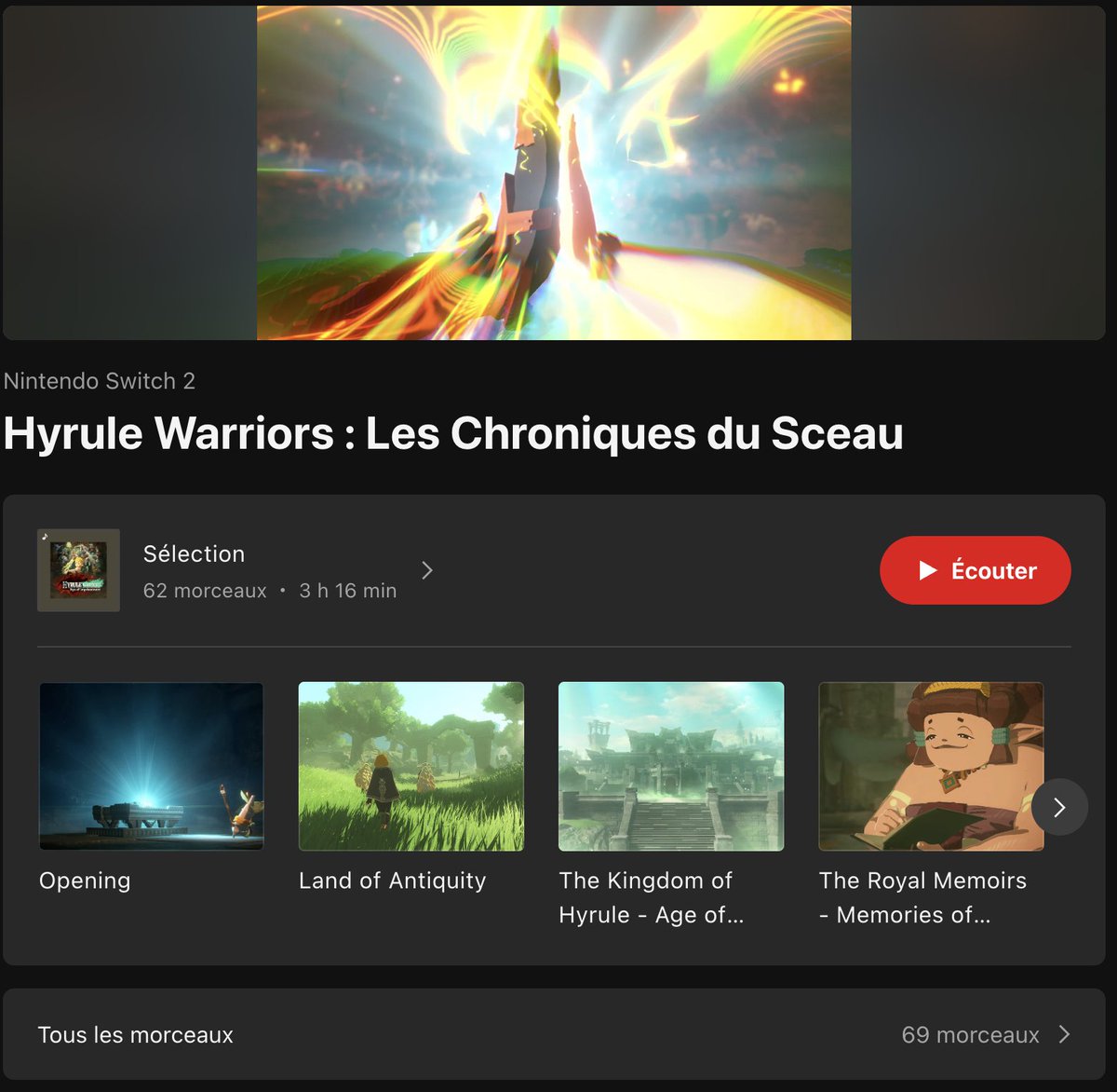 pnintendo's tweet photo. 🎵 Bonne nouvelle pour nos oreilles : la bande originale de Hyrule Warriors: Les Chroniques du Sceau débarque sur Nintendo Music. 
69 morceaux et 3h35 de musique du musō #Switch2 à réécouter partout, abonnement Switch Online en poche.
RDV dans votre application #NintendoMusic https://t.co/dY5bDXaapl