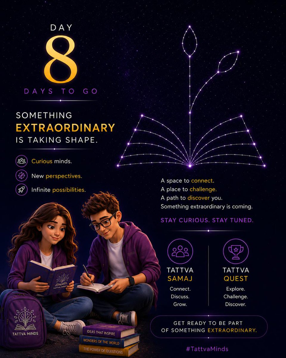 TattvaMinds's tweet photo. ✨ 8 Days to Go
Where knowledge meets community. Where curiosity becomes action.

🚀 Tattva Minds launches in 8 days.

#TattvaMinds #8DaysToGo #ComingSoon https://t.co/mxjCbVsphR