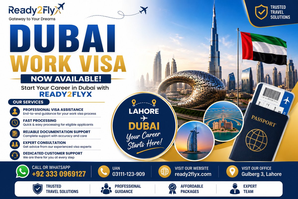 Ready2flyx's tweet photo. Your next destination isn't just Dubai… it's a brighter future! 🇦🇪

🇵🇰 Lahore ➜ Dubai 🇦🇪
✈️ Your Journey Begins from Lahore with Ready2FlyX!

📱 WhatsApp: +92 333 0969127
☎️ UAN: 03111-123-909
📍 Office: Gulberg 3, Lahore

#Ready2FlyX #DubaiWorkVisa #DubaiJobs #UAEJobs https://t.co/Z5sy3Tnema